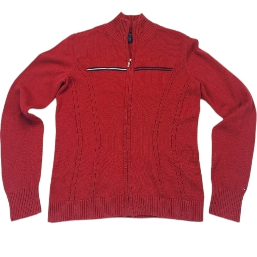 Tommy Hilfiger Full Zip Long Sleeve Sweater Jacket Cable Knit Red, Size Medium
